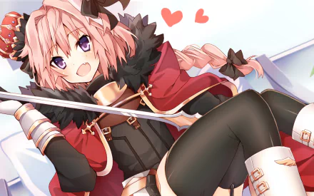 HD desktop wallpaper featuring Astolfo, also known as Rider of Black, from Fate/Apocrypha. The anime character is depicted in vibrant colors, smiling with hearts floating above.