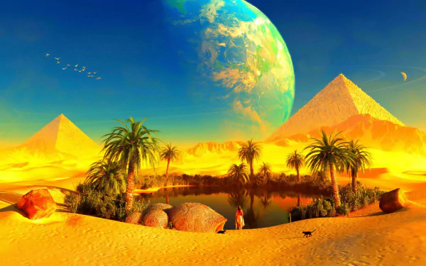 A fantasy landscape with a cat in a desert oasis featuring pyramids and a distant planet. HD desktop wallpaper and background.