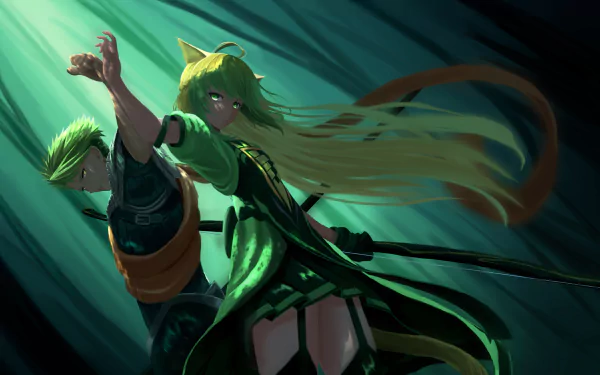 HD wallpaper depicting Rider of Red and Archer of Red from Fate/Apocrypha, with vibrant anime artwork showcasing their dynamic stances and detailed costumes.