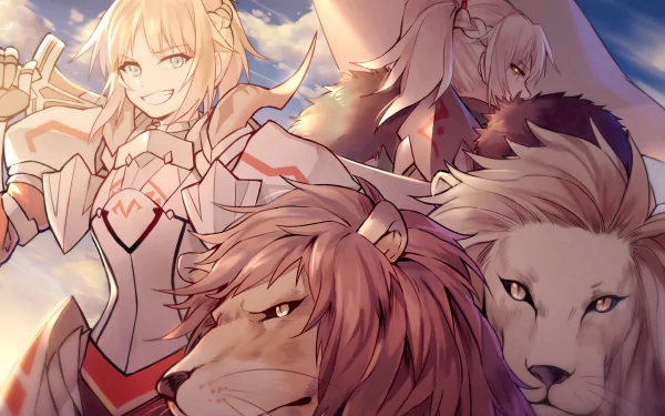 HD desktop wallpaper featuring Mordred, also known as Saber of Red, from the anime Fate/Apocrypha. The vibrant image showcases Mordred in detailed armor with lions in the foreground, set against a vivid sky.