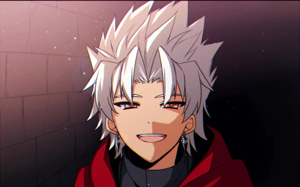 HD anime desktop wallpaper featuring Shirou Kotomine from Fate/Apocrypha with white spiky hair, a confident smile, and a dark, moody background.