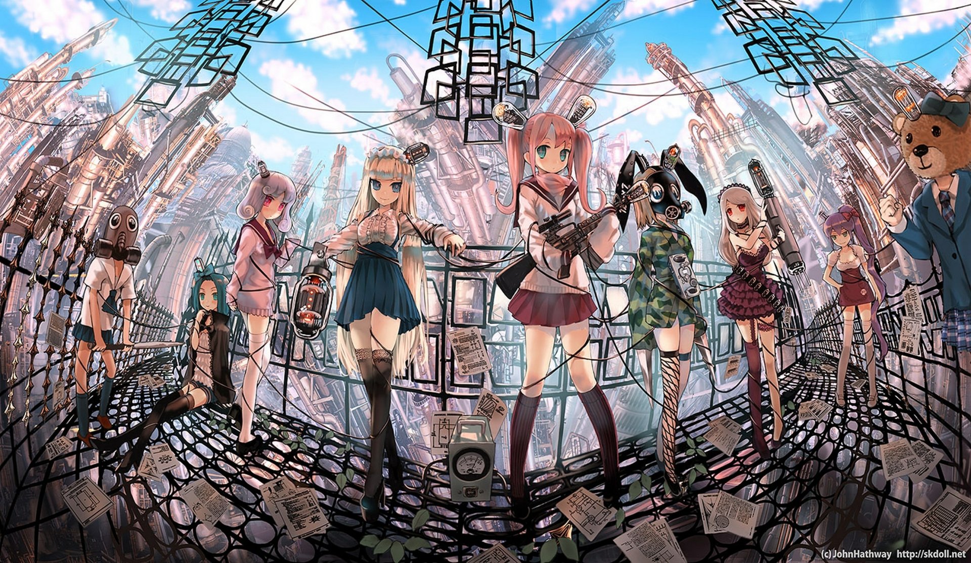 Anime original: seven girls in varied outfits on a futuristic rooftop amid cables and skyscrapers, vibrant sky — 2K Quad HD PC desktop wallpaper and background.
