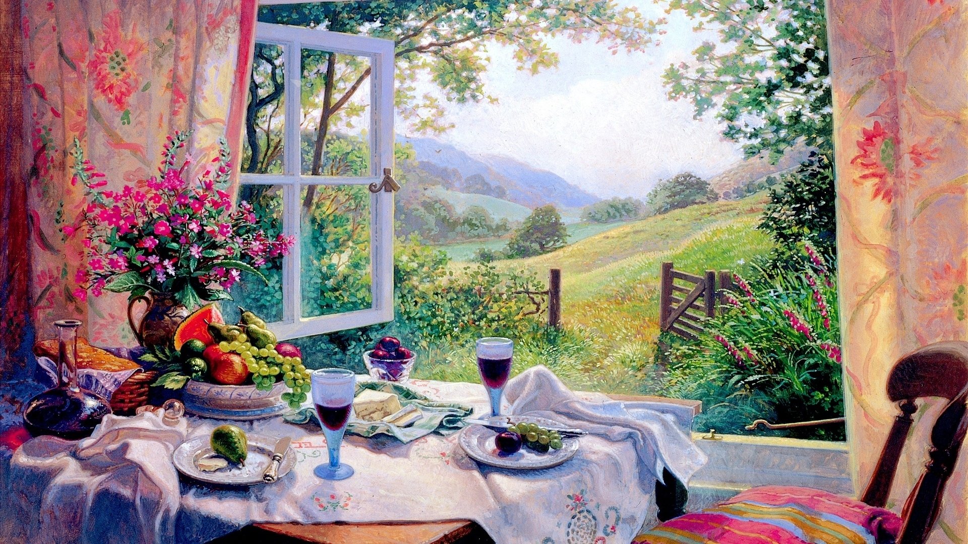 Artistic painting of a window view overlooking a vibrant countryside with a table set for two, captured as an HD PC desktop wallpaper and background.