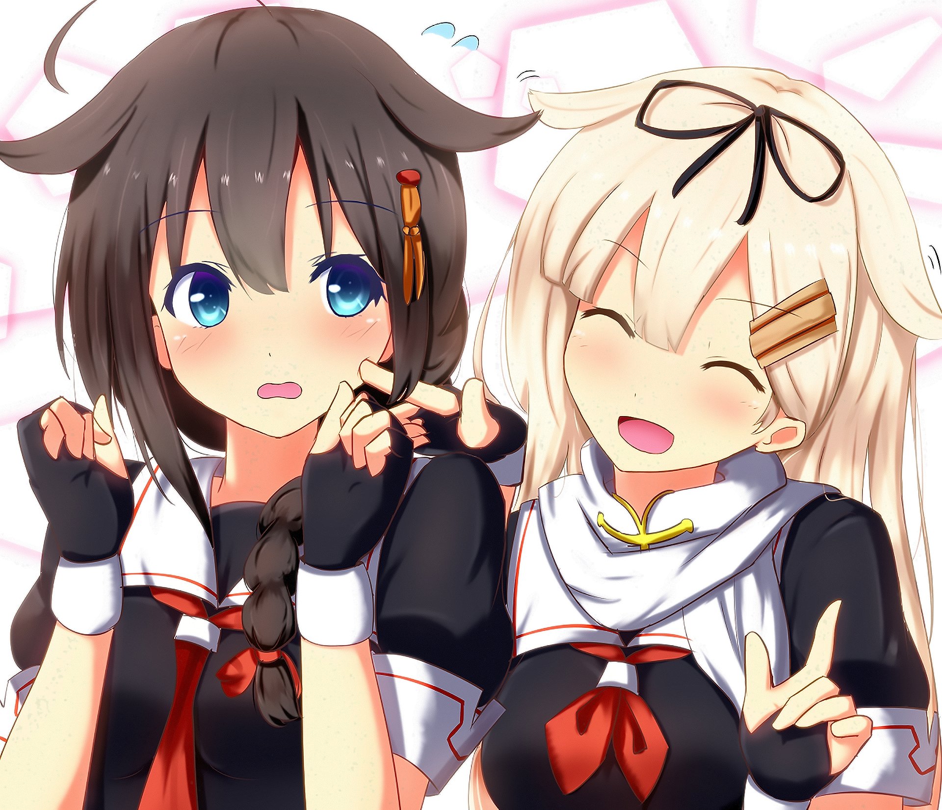 HD PC desktop wallpaper of Yuudachi (Kancolle) and Shigure (Kancolle) from Kantai Collection — anime-style ship girls smiling and posing together.