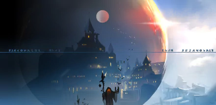 Anime-style HD PC desktop wallpaper featuring a mystical dark castle with glowing windows under a celestial sky, inspired by Pixiv Fantasia RD.