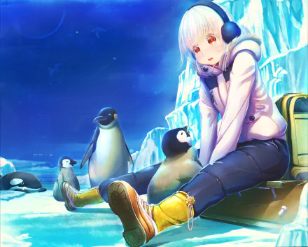 HD anime original desktop wallpaper featuring a girl with headphones sitting among penguins in an icy, glowing blue environment.
