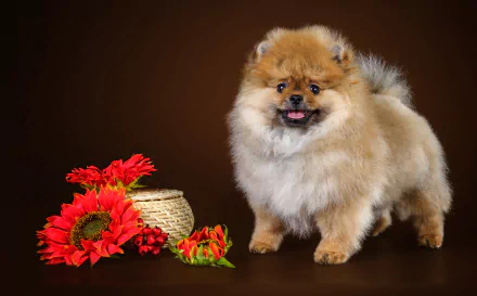 A fluffy spitz dog stands beside bright red flowers and a small woven basket against a dark background in this HD PC desktop wallpaper.