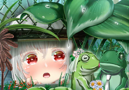 HD anime desktop wallpaper featuring a cute character with white hair and red eyes peeking through leaves, alongside two frogs under large green foliage with water droplets.