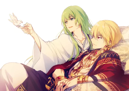 HD desktop wallpaper featuring Gilgamesh and Enkidu from Fate/Grand Order. The anime characters are depicted in a serene setting with Enkidu holding a bird.