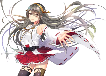 Haruna (Kancolle) from Kantai Collection — anime-style HD PC desktop wallpaper: long-haired ship girl in white-and-red outfit reaching out, flowing hair and dynamic pose.