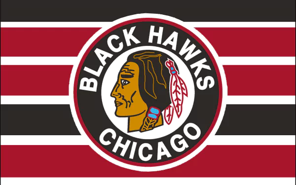 HD desktop wallpaper featuring the Chicago Blackhawks logo on a red and black striped background, representing the sports team with bold colors and clear design.