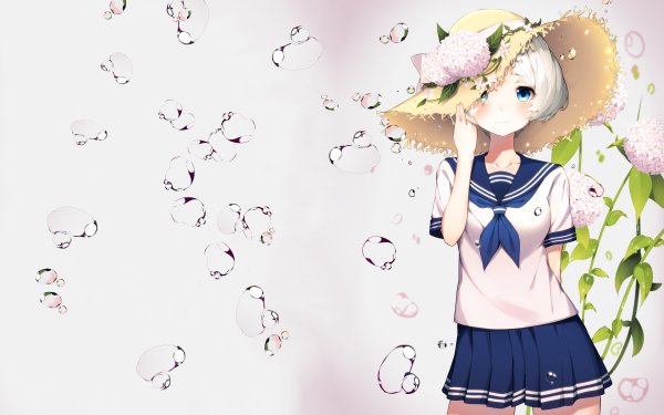 Anime Original White Hair Short Hair Blue Eyes Straw Hat Schoolgirl School Uniform Flower Water HD Wallpaper | Background Image