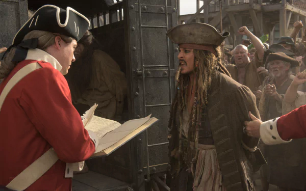 Johnny Depp as Jack Sparrow in a scene from Pirates of the Caribbean: Dead Men Tell No Tales, shown in 4K Ultra HD PC desktop wallpaper quality.