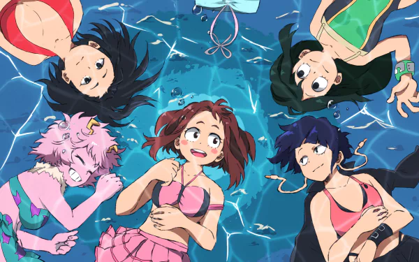 Anime wallpaper featuring characters Mina Ashido, Momo Yaoyorozu, Tooru Hagakure, Tsuyu Asui, Kyōka Jirō, and Ochaco Uraraka from My Hero Academia. They are in swimsuits, floating in water, smiling.