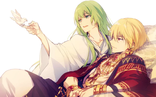 HD desktop wallpaper featuring Gilgamesh and Enkidu from Fate/Grand Order. The anime characters are depicted in a serene setting with Enkidu holding a bird.