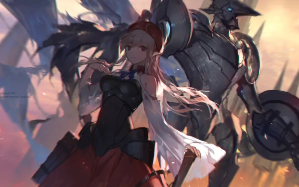 Anime Pixiv Fantasia RD HD PC desktop wallpaper and background: a red-haired armored heroine with flowing sleeves stands before a towering armored knight/mech bathed in warm sunset light.