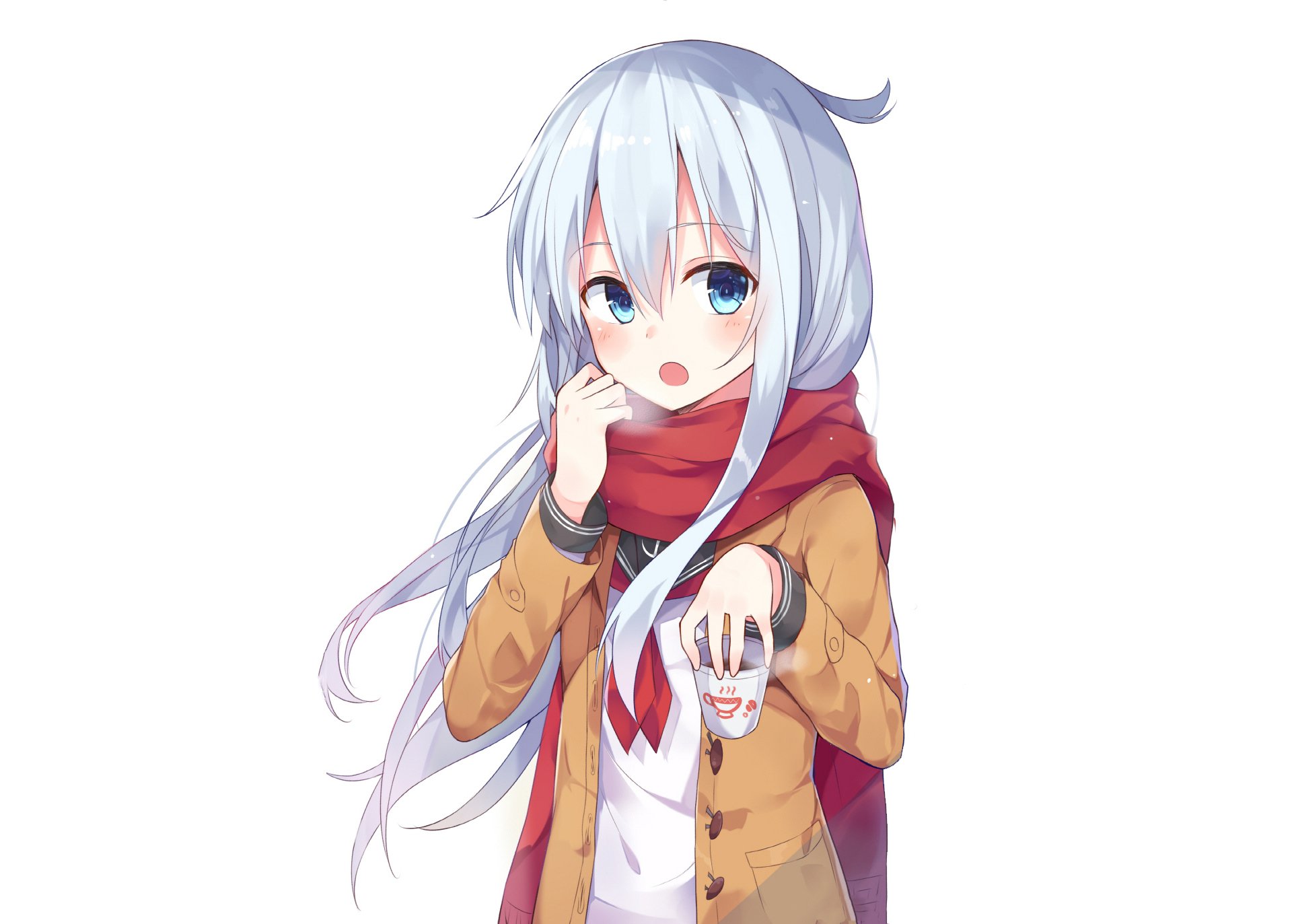 Hibiki (Kancolle) anime character from Kantai Collection in a winter coat with long silver hair and a red scarf, holding a small mask — HD PC desktop wallpaper/background.