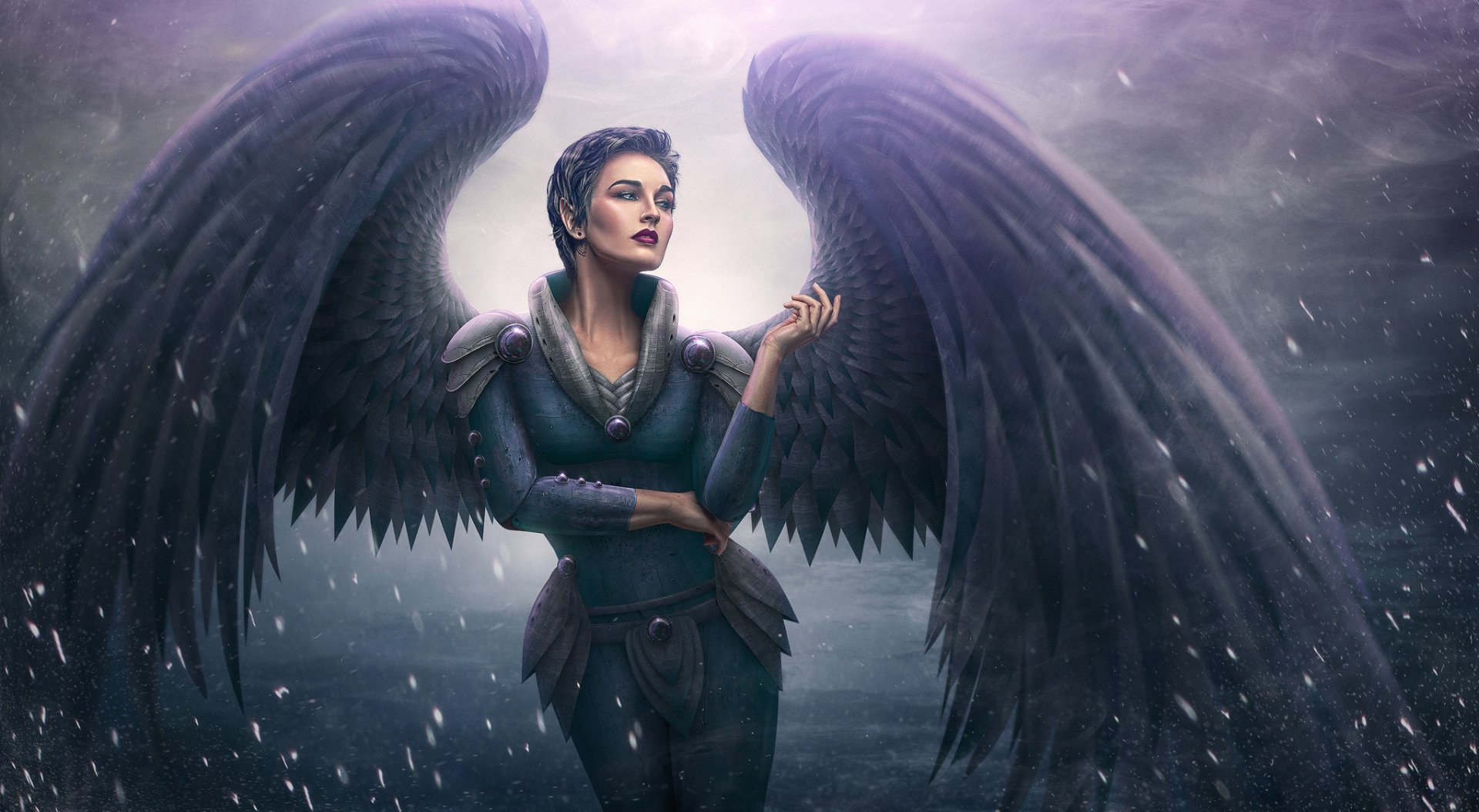 Download Blue Eyes Lipstick Wings Short Hair Fantasy Angel HD Wallpaper ...