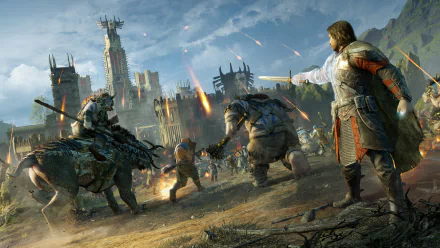 A battle scene from the video game Middle-earth: Shadow of War, featuring warriors and creatures clashing near a fortress. This HD wallpaper captures intense action in the game's fantasy world.