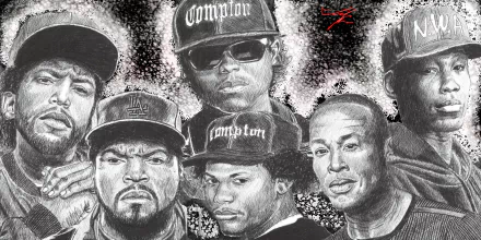 HD desktop wallpaper featuring a monochrome illustration of N.W.A members with Compton caps and expressive faces against a gritty backdrop.