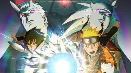 HD PC desktop wallpaper featuring Naruto Uzumaki, Sasuke Uchiha, Obito Uchiha, and Madara Uchiha from Naruto Shippuden: Ultimate Ninja Storm Legacy video game.