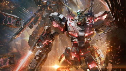 A high-definition desktop wallpaper featuring an intense scene from the video game Gundam Versus, showcasing two detailed Gundam robots in battle amidst a fiery and explosive background.