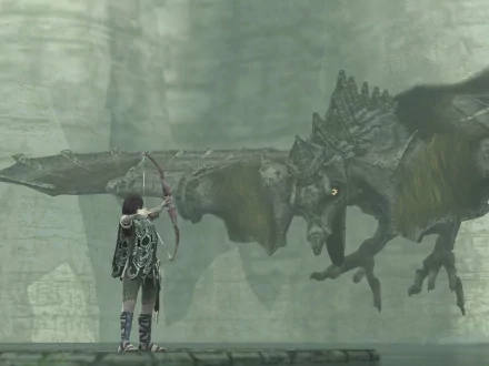 HD desktop wallpaper featuring a scene from the video game Shadow of the Colossus, depicting a character aiming a bow and arrow at a colossal creature.