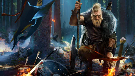 A bearded Viking warrior, wielding a sword, kneels amidst a battle scene with a background of fire and destruction in the forest. This HD wallpaper is from the video game Black Desert Online.