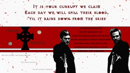 HD PC desktop wallpaper featuring a dark, stylized scene from the movie The Boondock Saints with two characters, a cross, and bold red and white text elements.