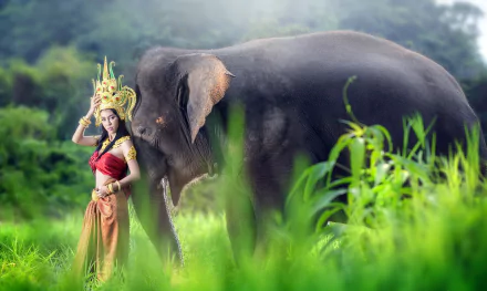 brunette elephant Thai traditional costume model woman asian HD Desktop Wallpaper | Background Image