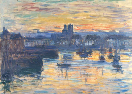 Artistic painting of a town at sunset with boats on the water, captured in high definition as a PC desktop wallpaper and background.
