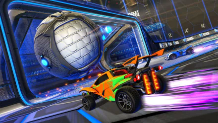 HD PC desktop wallpaper featuring an intense Rocket League moment with a bright orange car launching towards a large, metallic ball inside a futuristic arena.