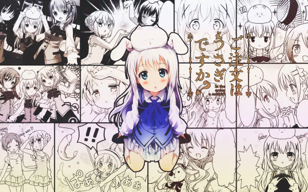 HD PC desktop wallpaper featuring Chino Kafū from the anime Is the Order a Rabbit, set against a collage of black-and-white manga panels from the series.