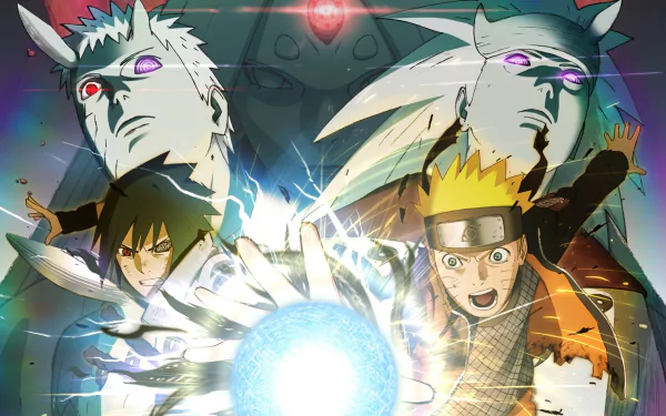 HD PC desktop wallpaper featuring Naruto Uzumaki, Sasuke Uchiha, Obito Uchiha, and Madara Uchiha from Naruto Shippuden: Ultimate Ninja Storm Legacy video game.