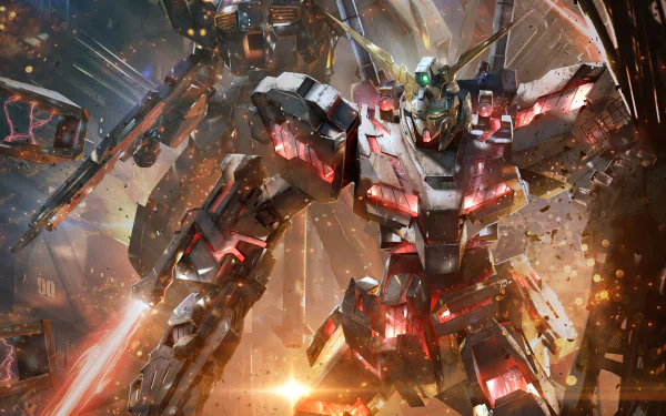A high-definition desktop wallpaper featuring an intense scene from the video game Gundam Versus, showcasing two detailed Gundam robots in battle amidst a fiery and explosive background.