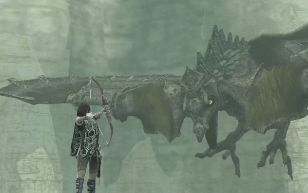 HD desktop wallpaper featuring a scene from the video game Shadow of the Colossus, depicting a character aiming a bow and arrow at a colossal creature.