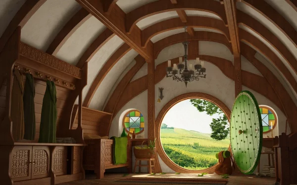HD desktop wallpaper of a cozy, wooden, fantasy house interior from The Lord of the Rings, featuring a round doorway with a view of green hills and fields, creating a warm, inviting atmosphere.