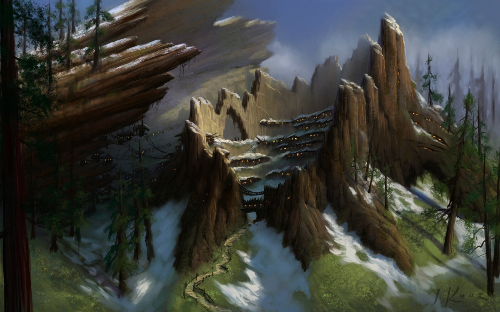 A fantasy city nestled among majestic mountains, featuring intricate architecture and lush greenery, creating a captivating HD desktop wallpaper and background.