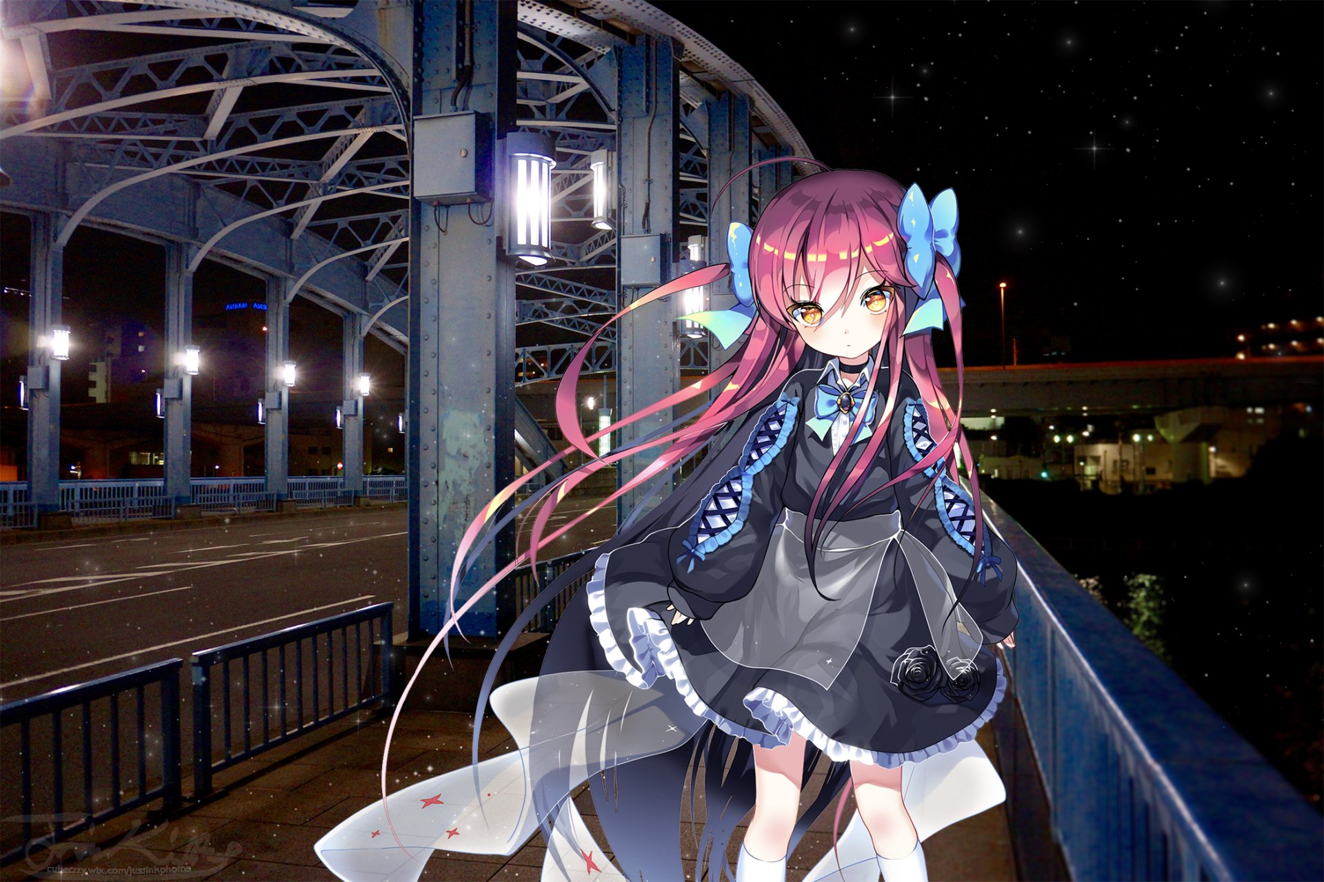 An anime original character with pink hair and striking yellow eyes stands on a city bridge at night, set against an HD urban backdrop with illuminated structures.