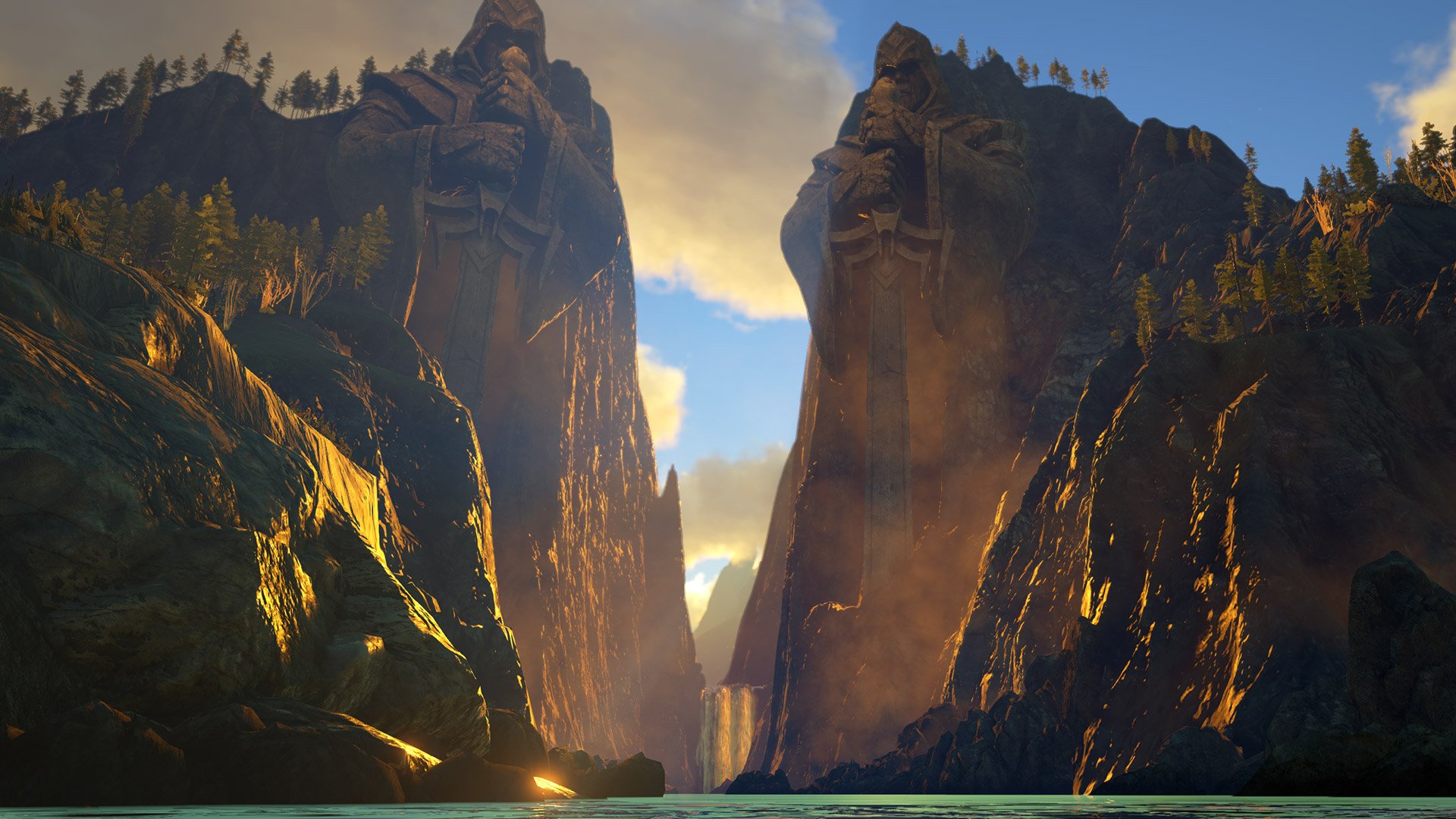 HD PC desktop wallpaper featuring a dramatic canyon landscape from the video game Dark and Light, highlighting contrasting shadows and glowing light between towering cliffs.