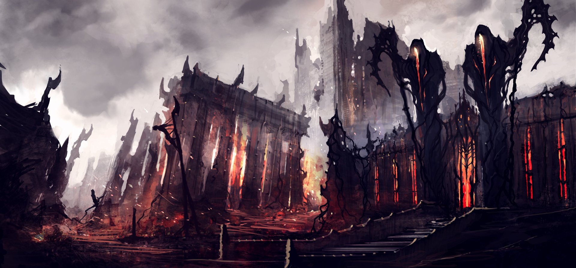 A dark, fiery building with jagged architecture and statues, captured in an 8K Ultra HD PC desktop wallpaper showcasing an eerie, apocalyptic scene.