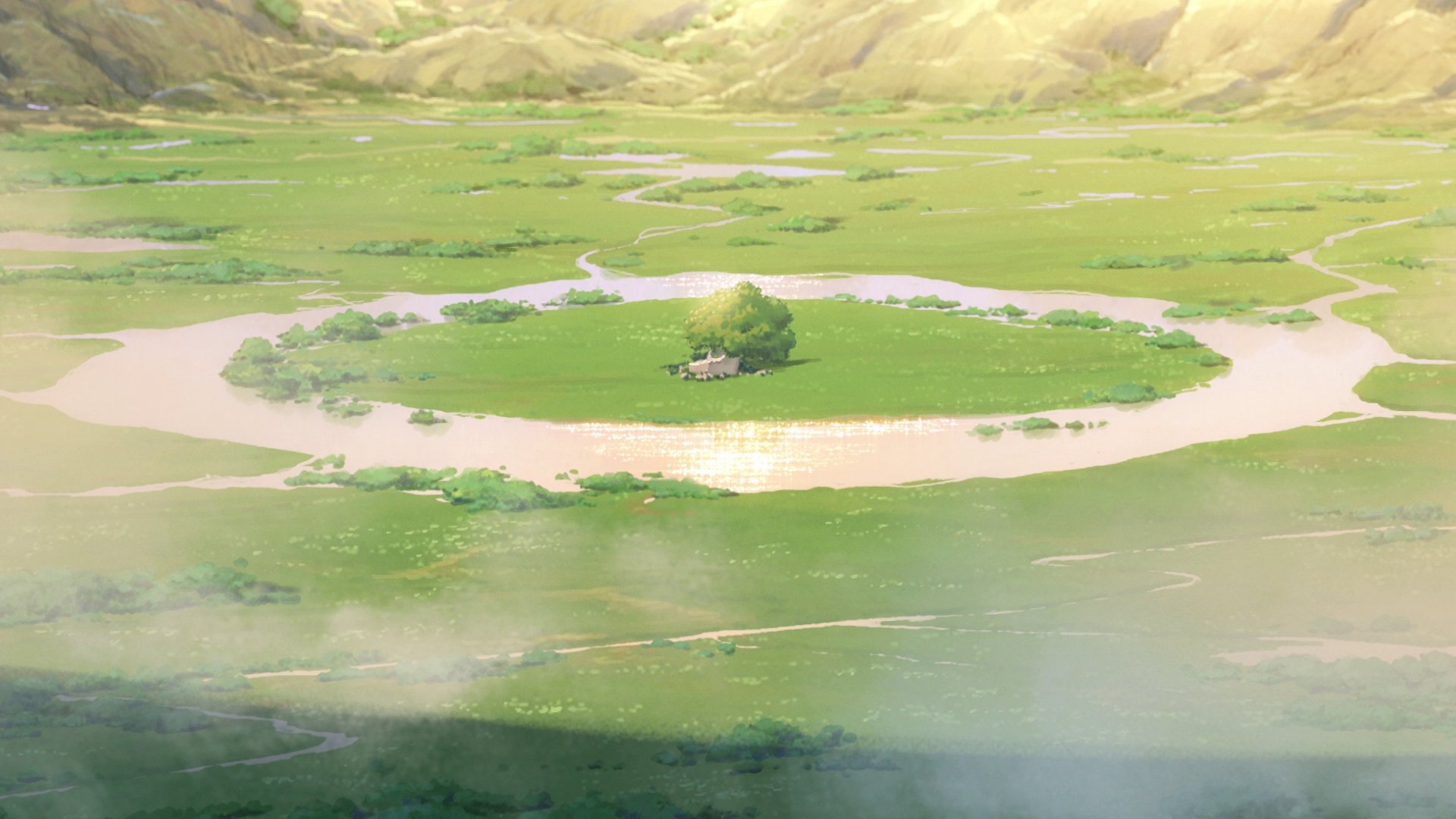 Anime-style 4K Ultra HD wallpaper of a lush green crater with a single tree surrounded by water and grass, inspired by the film Your Name.