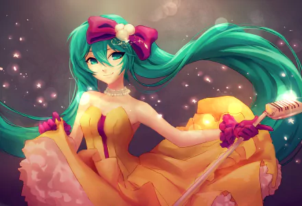 Hatsune Miku with long green hair and eyes, wearing a yellow dress and pink gloves, holding a microphone, set against a sparkling background in HD anime style.