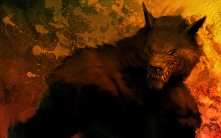 HD desktop wallpaper featuring a dark fantasy werewolf with glowing eyes, set against a textured, fiery background.