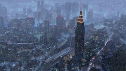 HD desktop wallpaper depicting a snowy night in Tokyo from the anime “Your Name.”, showcasing a beautifully detailed cityscape with illuminated buildings and streets blanketed in snowfall.