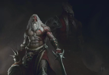 A muscular fantasy warrior with white hair and beard, wielding a sword, stands fiercely with a skull motif in a dark, atmospheric 4K Ultra HD background.