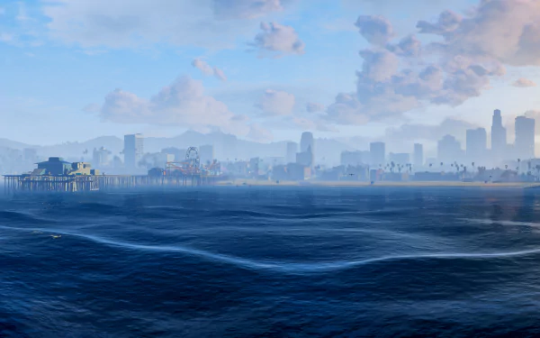 HD desktop wallpaper from Grand Theft Auto V featuring a seagull flying over the sea with clouds, sun, and the Los Santos skyline in the background.