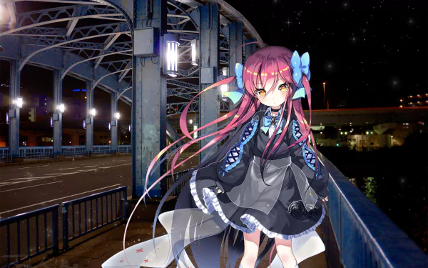An anime original character with pink hair and striking yellow eyes stands on a city bridge at night, set against an HD urban backdrop with illuminated structures.