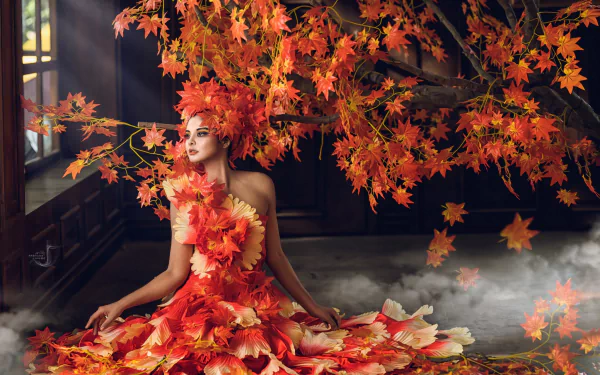 orange dress leaf fall model woman artistic HD Desktop Wallpaper | Background Image