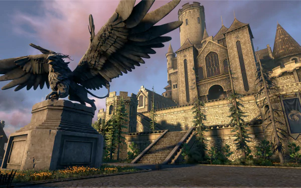 HD PC desktop wallpaper from the video game Dark and Light, featuring a majestic castle and a large eagle statue under a moody sky.